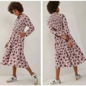 Anthropologie Dhruv Kapoor Smocked Pink Floral Midi Dress Size 6 T3